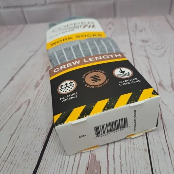 2 Pair Copper Fit Crew Length Work Socks Size L/XL (M 9-12 W 10-13) Grey Socks - Picture 8 of 8